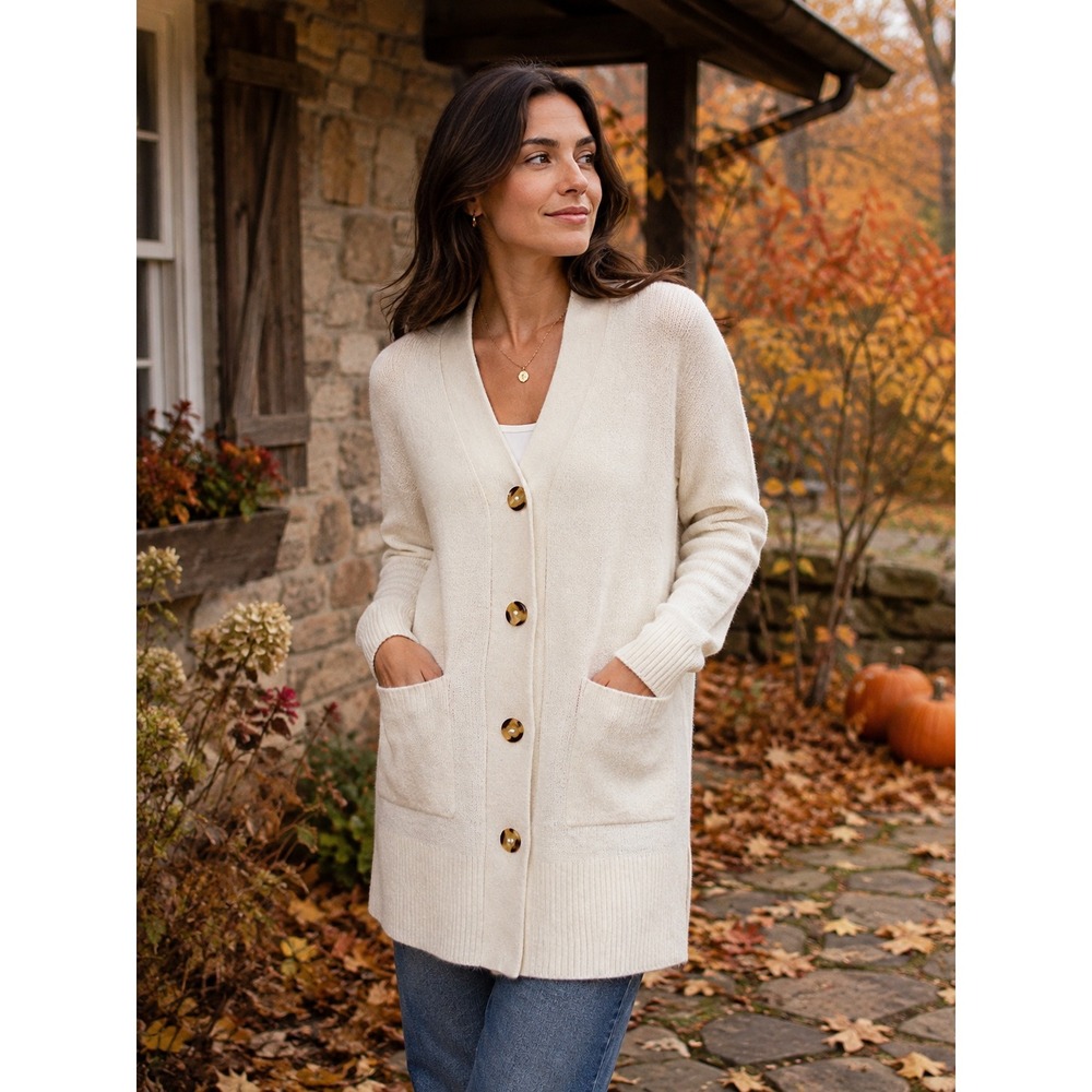 Quince Cardigan Sweater Women XS Cream Longline Button Front V-Neck Knit
